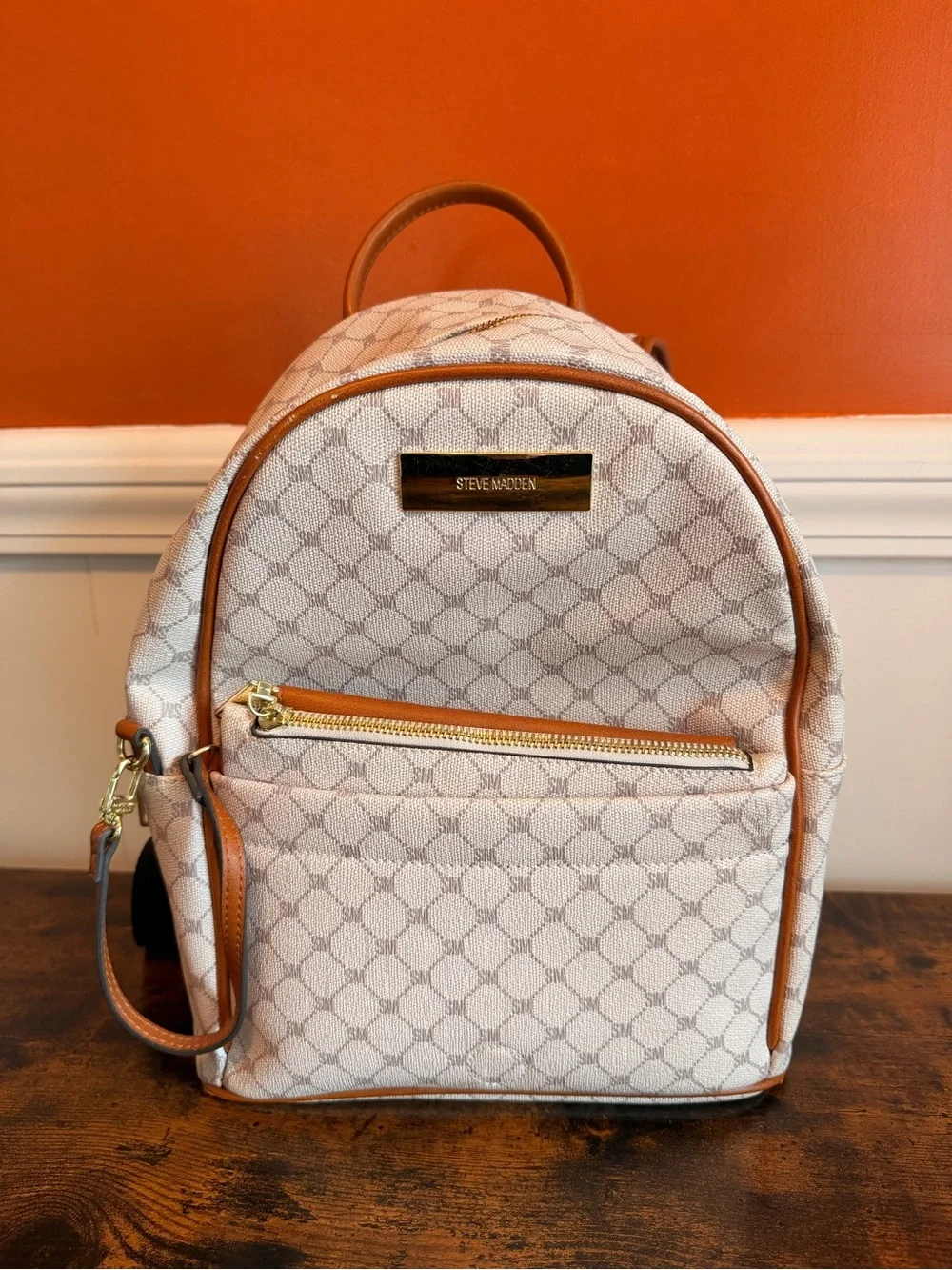 Steve Madden Cream and Tan Signature Mini Backpack